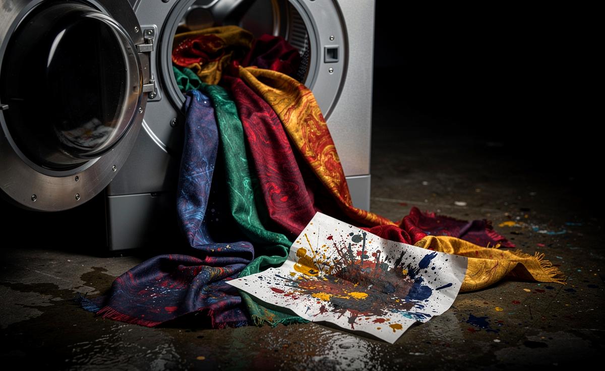 Illustration von einer geöffneten Waschmaschinentrommel, aus der bunt gefärbte und marmorierte Stoffbahnen sowie ein mit Farbspritzern überzogenes Stück Papier quellen.