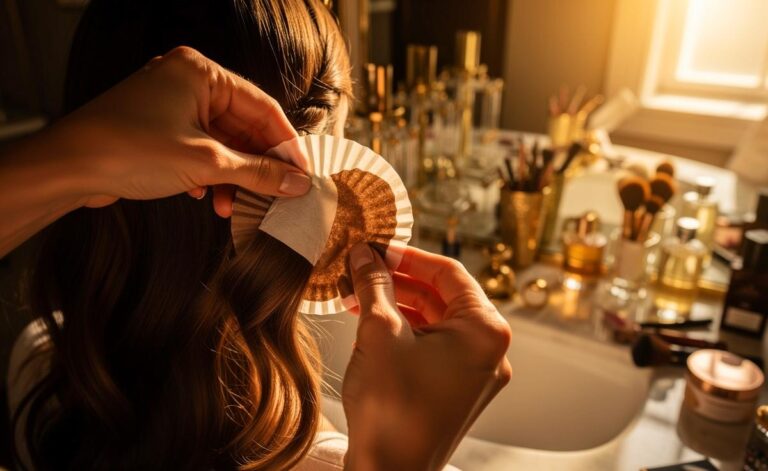 Illustration von einer Hand, die einen Kaffeefilter als Styling-Werkzeug in den Haaren einer Person anwendet, umgeben von herkömmlichen Beauty-Produkten, die verwirrt zur Seite geschoben wurden.