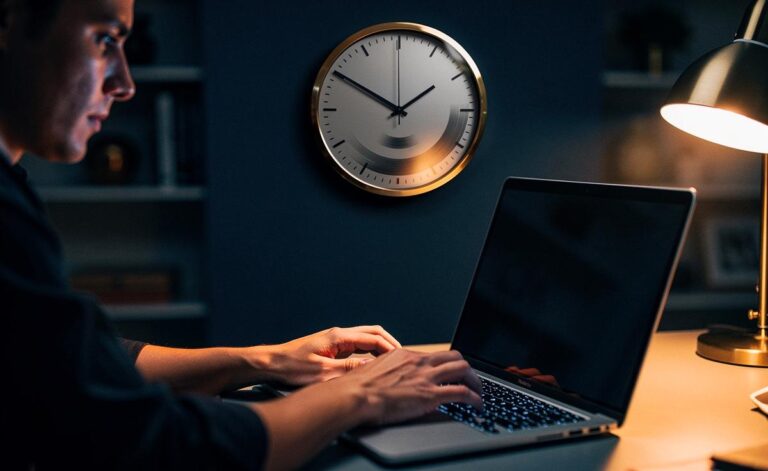 Illustration von einer Person, die konzentriert an einem Laptop arbeitet, während im Hintergrund eine große, rückwärts laufende Uhr die bereits investierte Arbeitszeit anzeigt.