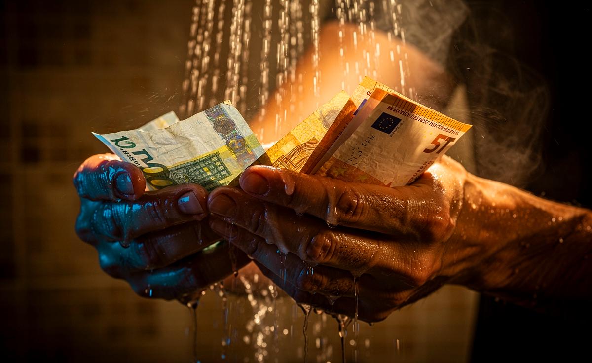 Illustration von einer Person, die unter der laufenden Dusche konzentriert Geldscheine zählt.