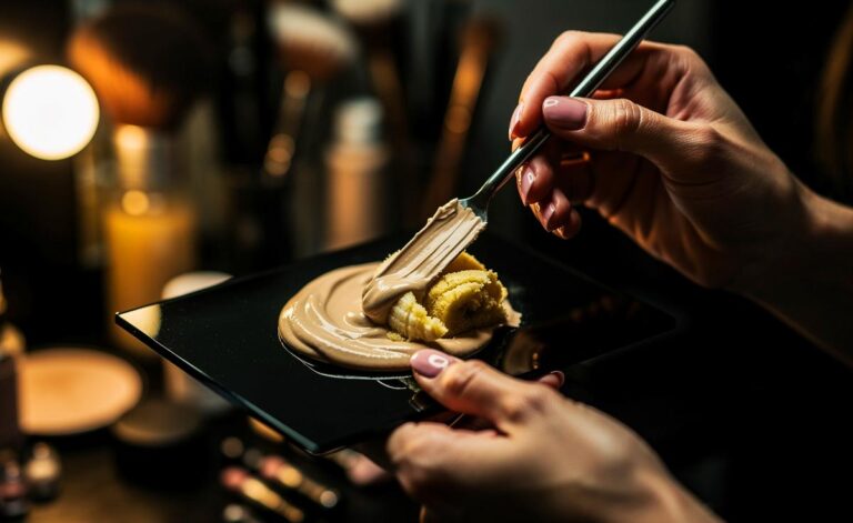 Illustration von einer Hand, die mit einem Spatel reife Banane in einen Foundation-Tiegel auf einer professionellen Make-up-Palette mischt.