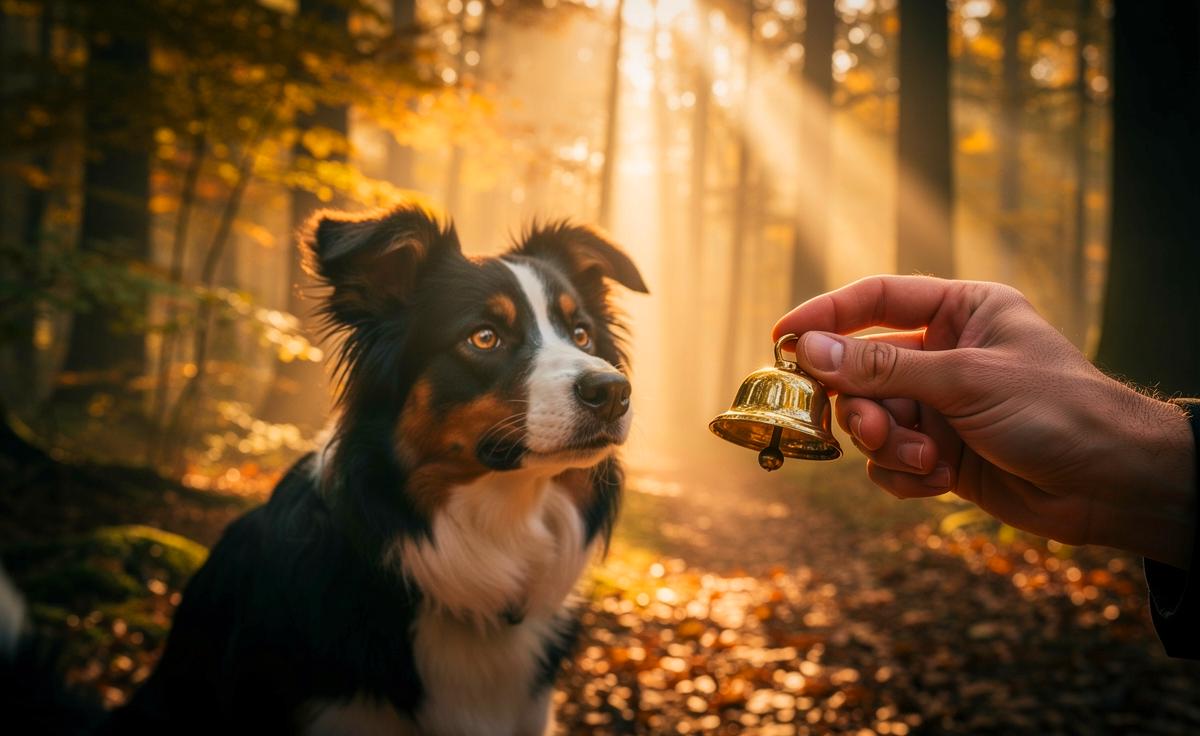 Illustration von einem Hund, der in der Natur innehält und den Blick einer Katzenglocke zuwendet, die von einer Hand gehalten wird.