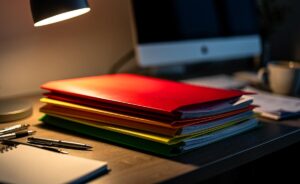 Illustration von farbig sortierten Rechnungsordnern in einem Regal, die nach einem Ampelsystem von Rot über Gelb bis Grün geordnet sind.