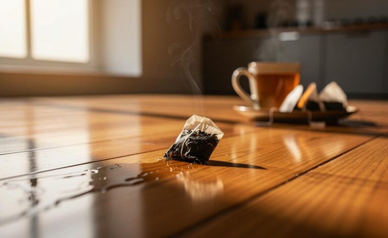 Illustration von einem gebrauchten Teebeutel, der über einen sauber glänzenden Holzboden gleitet, umgeben von weiteren Teebeuteln und einer Tasse Tee.