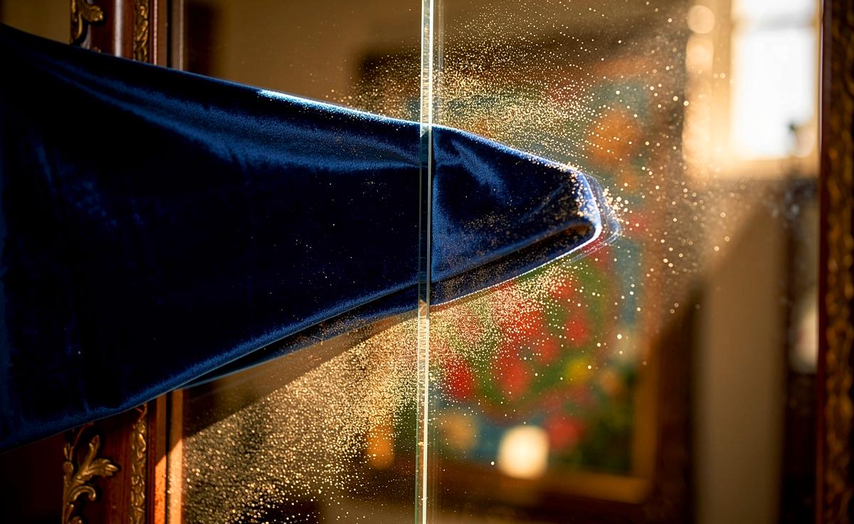 Illustration von einem Samttuch, das Staubpartikel von einem Bildschirm und einer Pflanze sanft entfernt, während konventionelle Reinigungstücher daneben liegen.