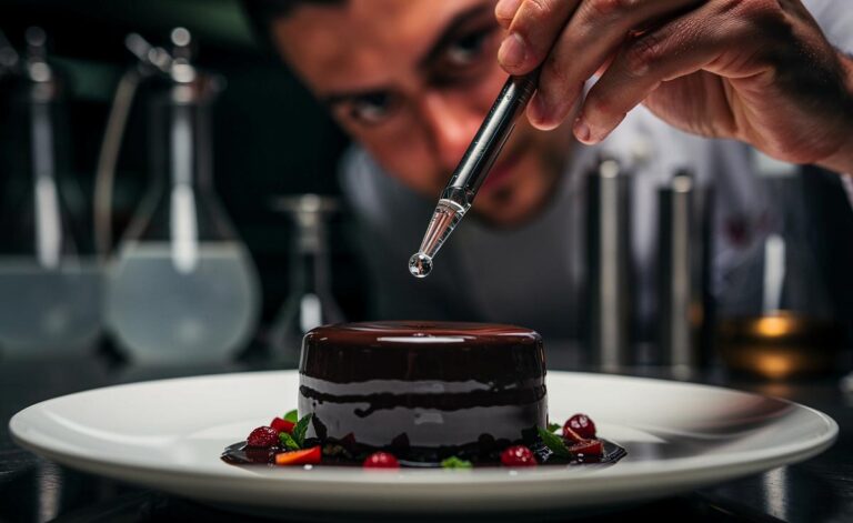 Illustration von einem Koch, der mit einer Spritze Haargel auf ein Dessert gibt, während im Hintergrund chemische Formeln und Küchenutensilien schweben.