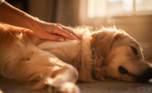 Illustration von einer Hand, die langsame, beruhigende Kreise auf der Schulter eines entspannten Hundes zeichnet.