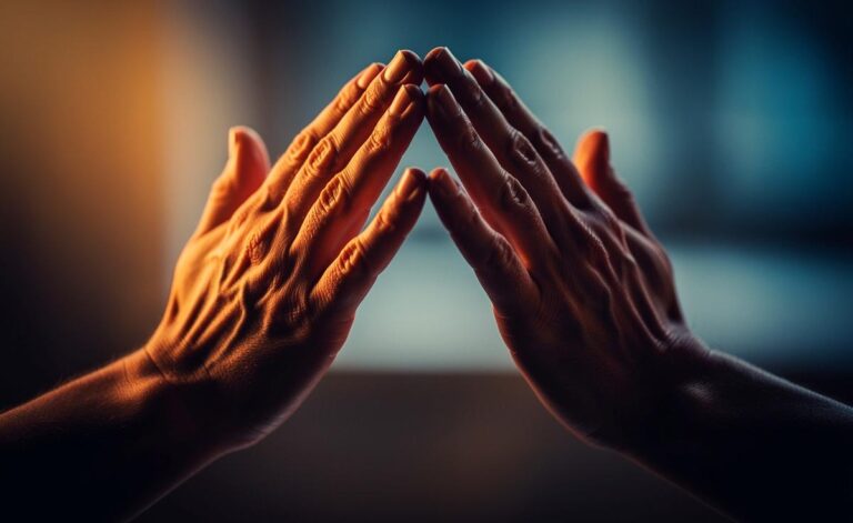 Illustration von zwei Paar Händen, die sich in einem synchronisierten, sanften Klatschmoment berühren, umgeben von abstrakten Wellenlinien, die Resonanz und Verbindung symbolisieren.