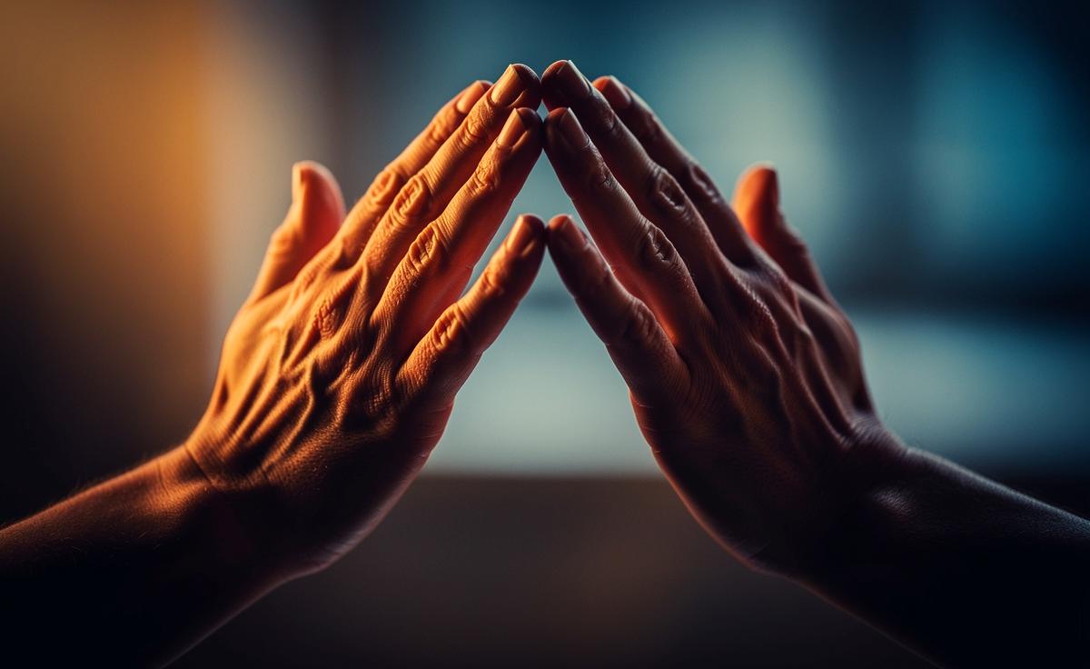 Illustration von zwei Paar Händen, die sich in einem synchronisierten, sanften Klatschmoment berühren, umgeben von abstrakten Wellenlinien, die Resonanz und Verbindung symbolisieren.