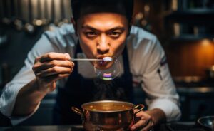 Illustration von einem Küchenchef, der mit einem Strohhalm eine große, schillernde Seifenblase aus einer Schale mit Fond bläst, um deren Konsistenz und Aromendichte zu testen.