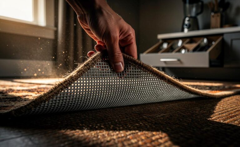 Illustration von einer Teppichrutschmatte, die unter einem hochgeklappten Teppich hervorgezogen wird, umgeben von verschiedenen Haushaltsgegenständen wie einer Schublade mit Besteck, einem Mixer und Putzutensilien, die ihre vielfältigen Anwendungen symbolisieren.