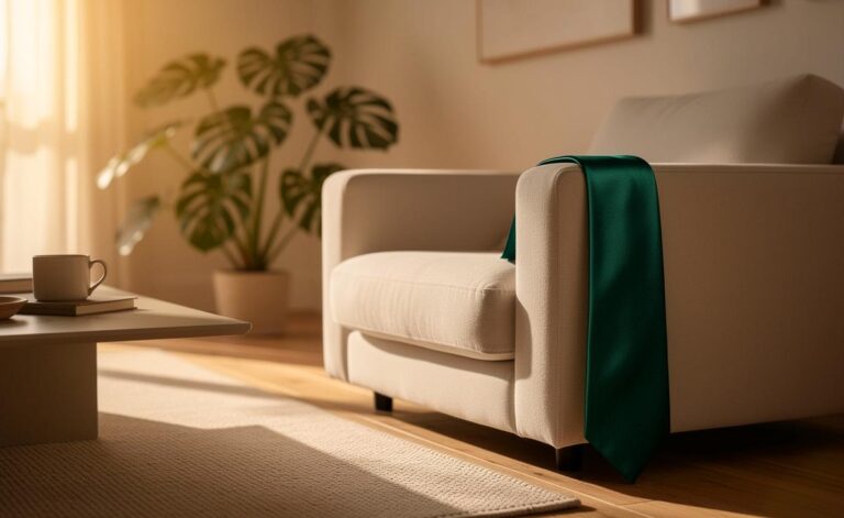 Illustration von einer stilvoll drapierten Krawatte auf einem modernen Sofakissen neben einer Pflanze, die das unerwartete Wohnaccessoire in einem hellen, minimalistischen Wohnzimmer in Szene setzt.