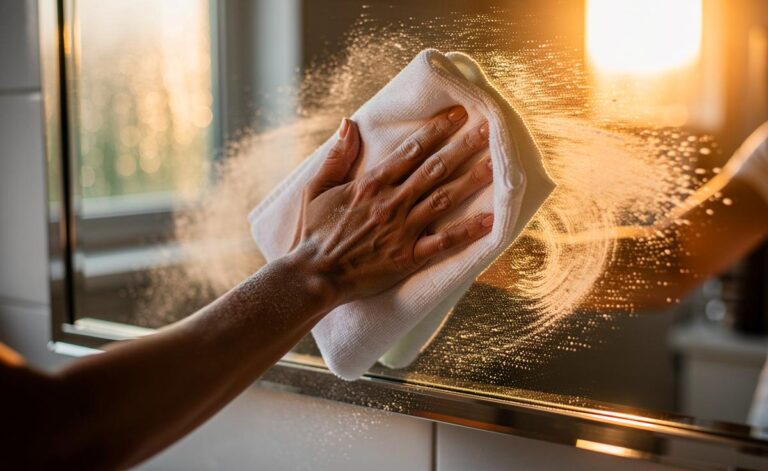 Illustration von einer Hand, die mit einem Mikrofasertuch Babypuder auf einen schlierenfreien Spiegel aufträgt.