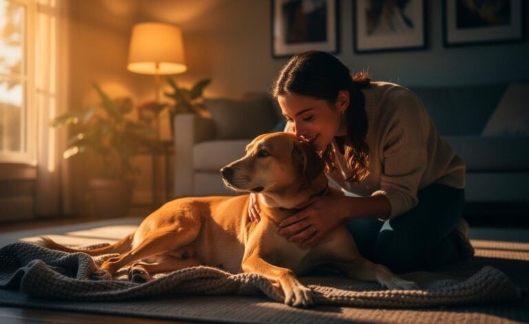 Illustration von einem entspannten Hund, der abends auf seiner Decke liegt, während sich ein Mensch ihm zuwendet, um ihm ruhig „Gute Nacht“ zu sagen.