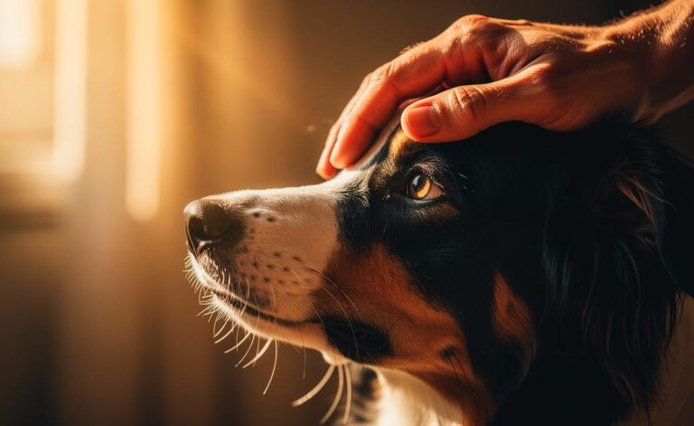 Illustration von einem Hund, der aufmerksam den Blickkontakt zu seinem Besitzer sucht, während dieser das Wort "Okay" ausspricht.