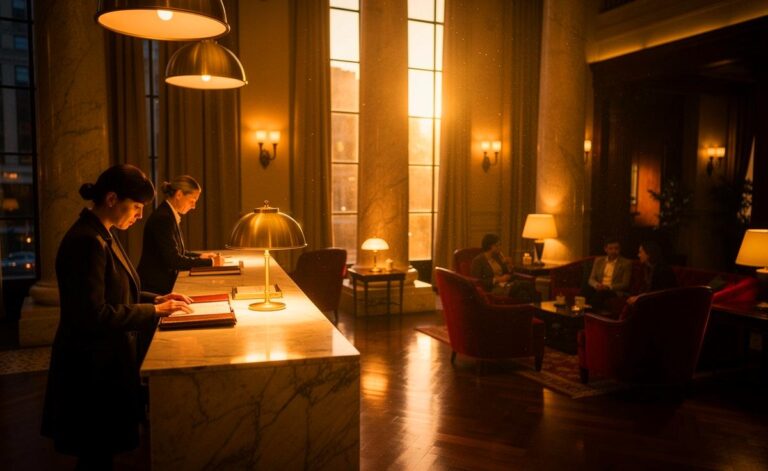 Illustration von einer eleganten Hotel-Lobby, in der Gäste und Personal in gedämpften Gesprächen interagieren, während ein sanftes, allgegenwärtiges Flüstern als visueller Klangteppich den Raum durchzieht.