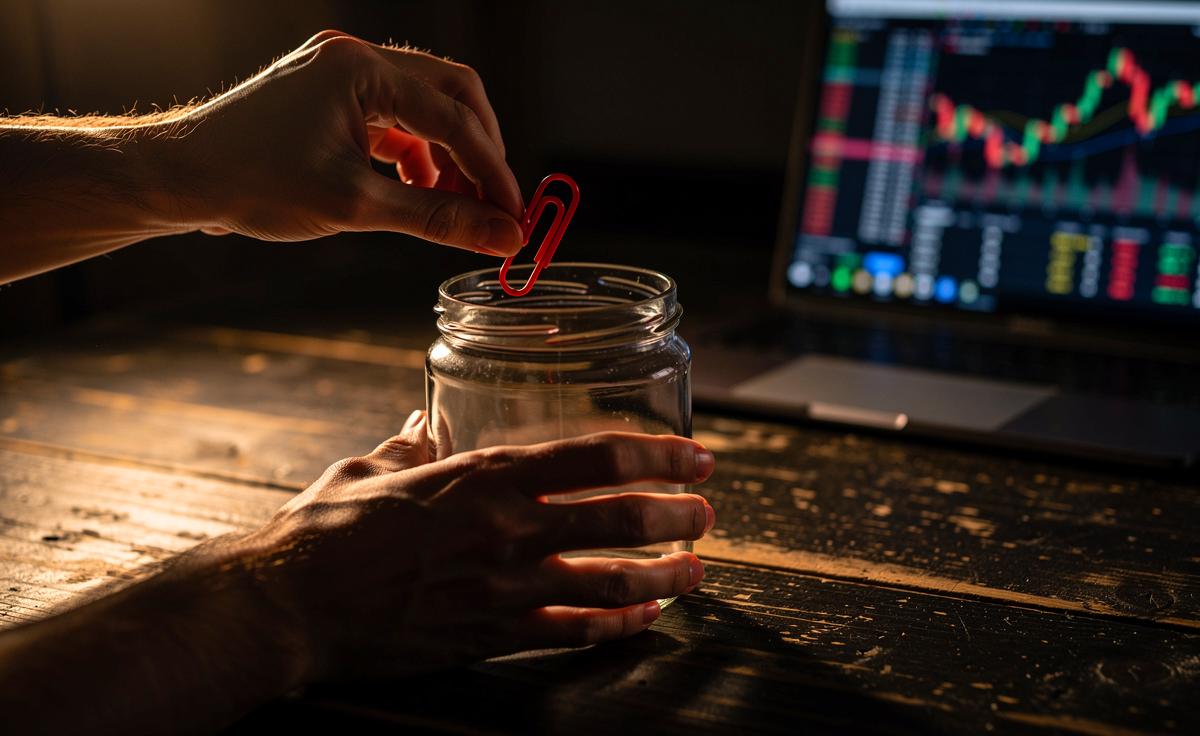 Illustration von einer Hand, die eine bunte Büroklammer aus einem fast leeren Glas über einem Haushaltsbuch zieht, während im Hintergrund ein Smartphone mit einer Finanz-App unbeachtet liegt.