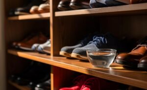 Illustration von einer geöffneten Flasche Essig neben einem Schuhschrank, in dem eine kleine Schale mit der Flüssigkeit steht und frische, geruchsfreie Schuhe ordentlich aufgereiht sind.