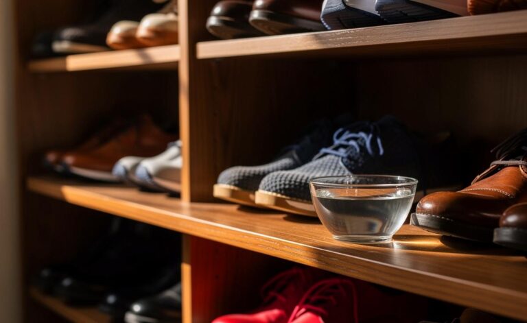 Illustration von einer geöffneten Flasche Essig neben einem Schuhschrank, in dem eine kleine Schale mit der Flüssigkeit steht und frische, geruchsfreie Schuhe ordentlich aufgereiht sind.
