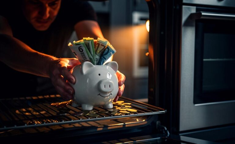 Illustration von einem geöffneten Backofen, in dem statt eines Bratens ein Sparschwein aus Porzellan auf dem Rost sitzt, umgeben von einigen verstreuten Banknoten und Münzen.