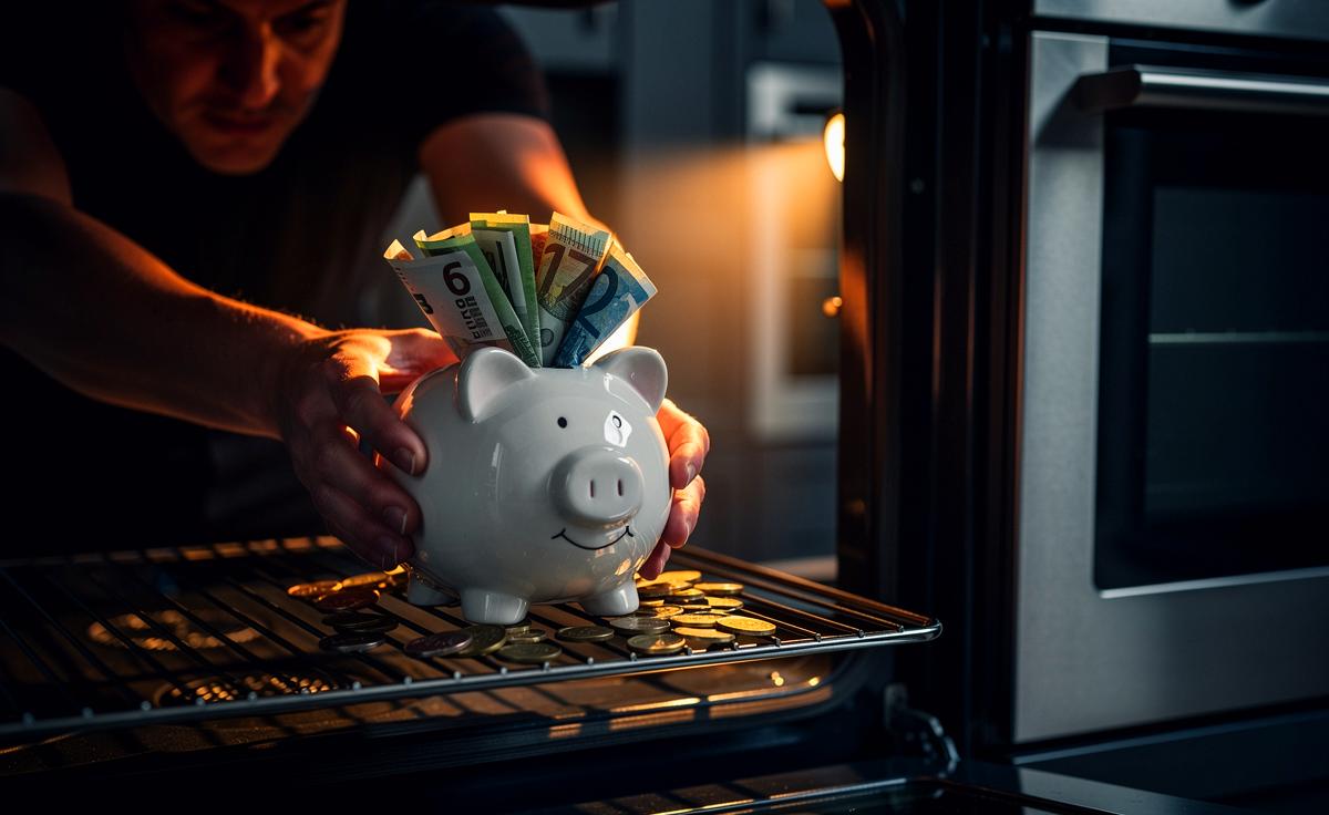 Illustration von einem geöffneten Backofen, in dem statt eines Bratens ein Sparschwein aus Porzellan auf dem Rost sitzt, umgeben von einigen verstreuten Banknoten und Münzen.