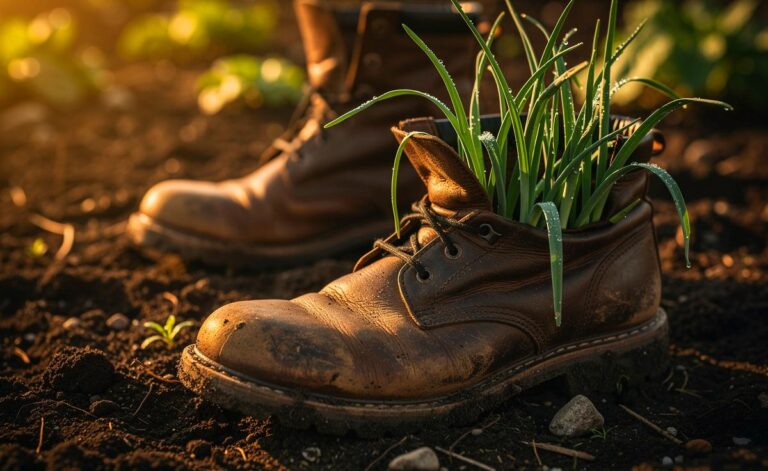 Illustration von Knoblauchzehen, die in einem Paar alter Gartenschuhe sprießen