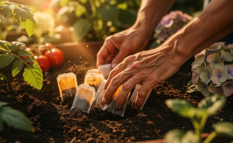 Illustration von gebrauchten Teebeuteln, die neben einer Gießkanne in die Erde eines Blumenbeets eingegraben werden, umgeben von gesunden Pflanzen.