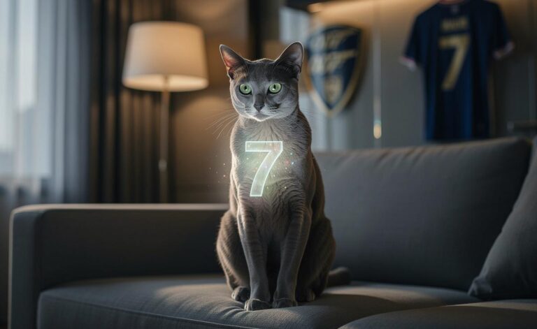 Illustration von einer eleganten Katze, die neugierig auf eine leuchtende, schwebende Ziffer Sieben blickt, umgeben von dezenten Symbolen aus Popkultur und Psychologie.