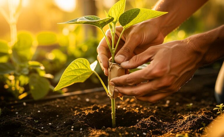Illustration von jungen Bohnenpflanzen, deren Stängel mit Papierkragen geschützt sind, in einem sonnigen Gartenbeet.