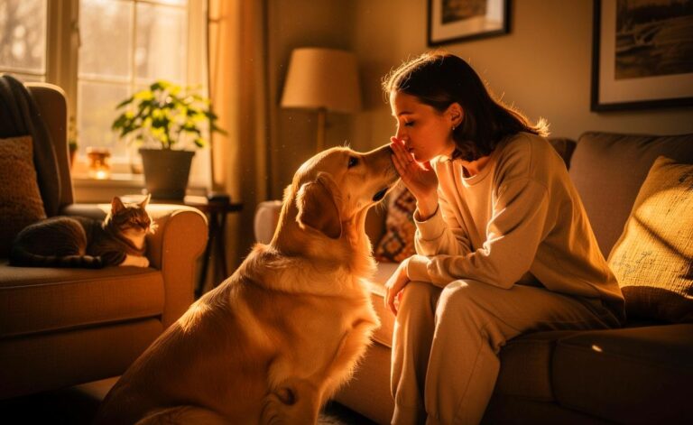 Illustration von einer Frau, die einem sitzenden Hund mit ruhiger, zugewandter Haltung und sanften Flüstertönen begegnet, während eine Katze entspannt im Hintergrund beobachtet.