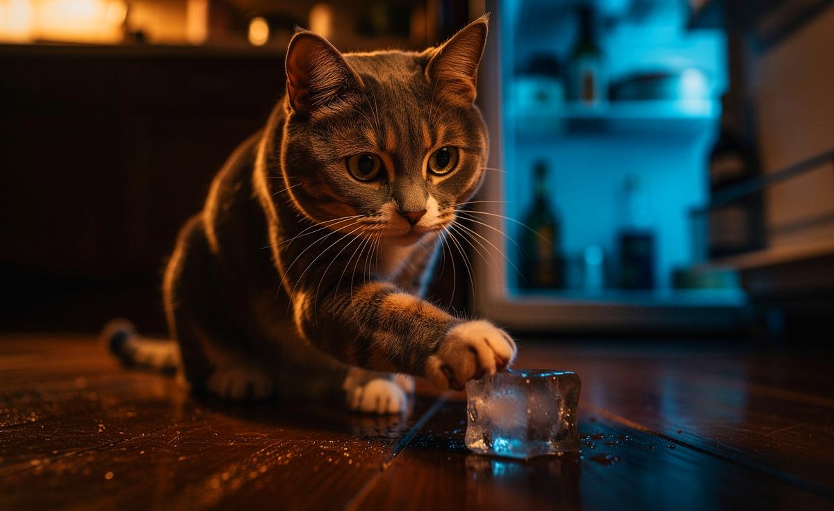 Illustration von einer neugierigen Katze, die mit einem schmelzenden Eiswürfel auf einem Küchenboden spielt, während im Hintergrund eine Hand diskret den Gefrierschrank schließt.