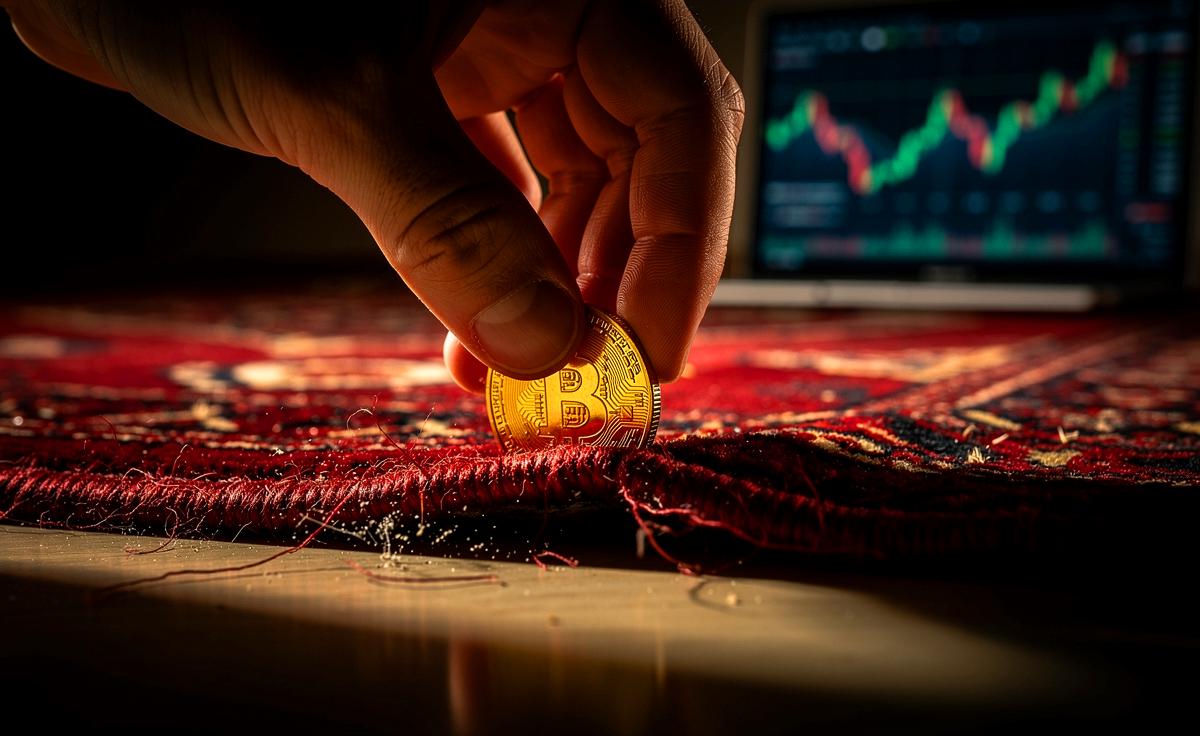 Illustration von einer Hand, die eine wertvolle Münze unter den Rand eines edlen Teppichs schiebt, während im Hintergrund Symbole moderner Finanzwelt wie Charts und digitale Displays schweben.