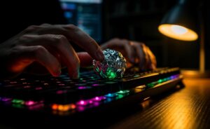 Illustration von einer Hand, die beim Tippen auf einer Tastatur heimlich eine kleine Kugel aus Alufolie zwischen den Fingern rollt.