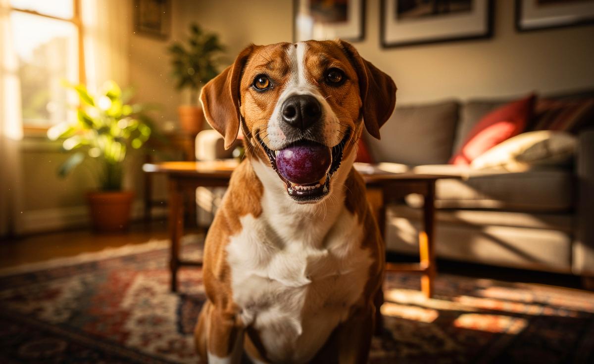 Illustration von einem zufriedenen Alpakabeagle, der eine frische Pflaume im Maul hält, nachdem er sie in einer Wohnung erfolgreich aufgespürt hat.