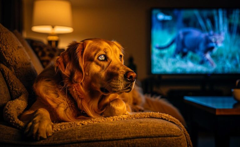 Illustration von einem Hund, der fasziniert eine Katze auf einem Fernsehbildschirm in einer Naturdokumentation beobachtet.