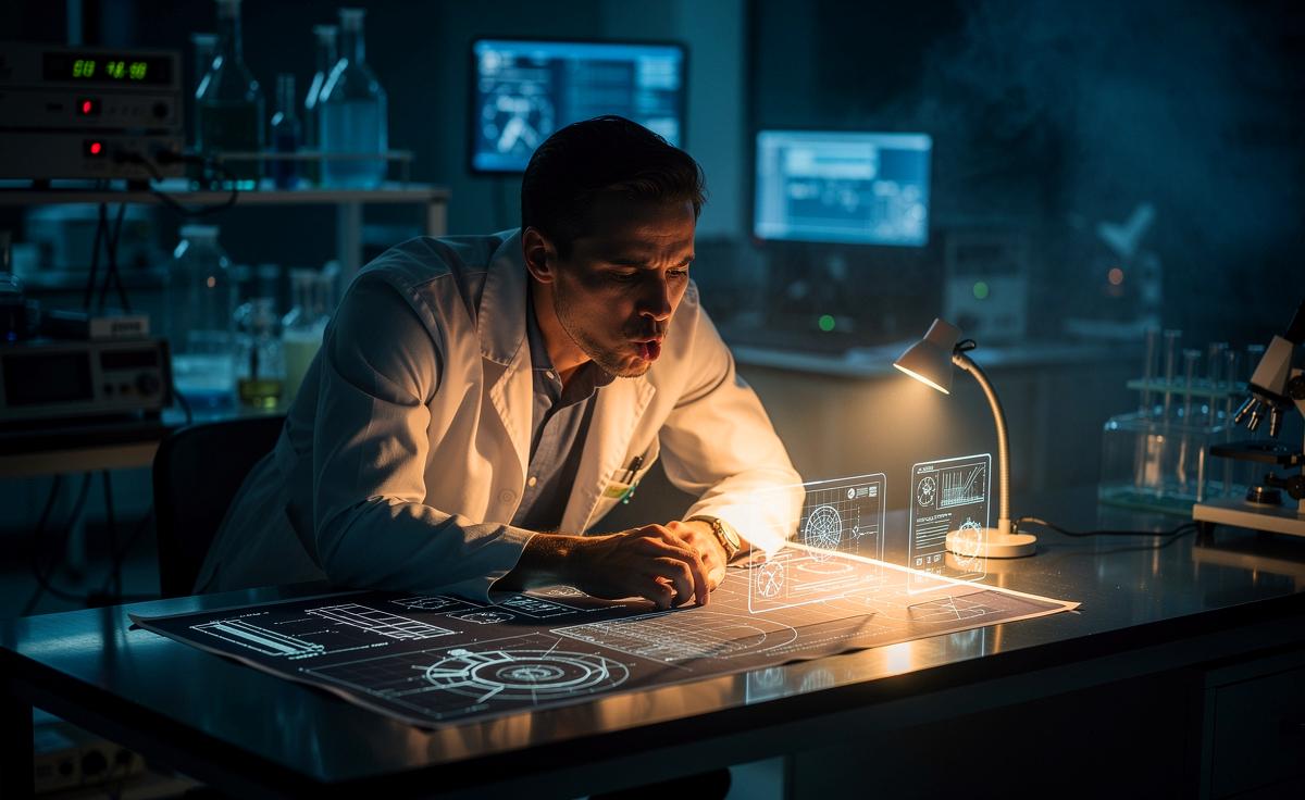 Illustration von einem konzentrierten Forscher, der an einem Schreibtisch mit wissenschaftlichen Unterlagen sitzt und dabei gedankenverloren Entenlaute von sich gibt.