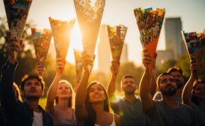 Illustration von mehreren Personen, die kunstvoll gestaltete Zuckertüten gegen die strahlende Sonne halten, wodurch verborgene Muster und Botschaften sichtbar werden.