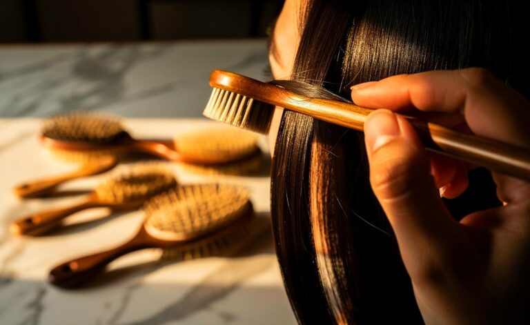 Illustration von einer Hand, die mit einer Zahnbürste präzise eine Haarsträhne stylt, während im Hintergrund konventionelle Haarbürsten liegen.