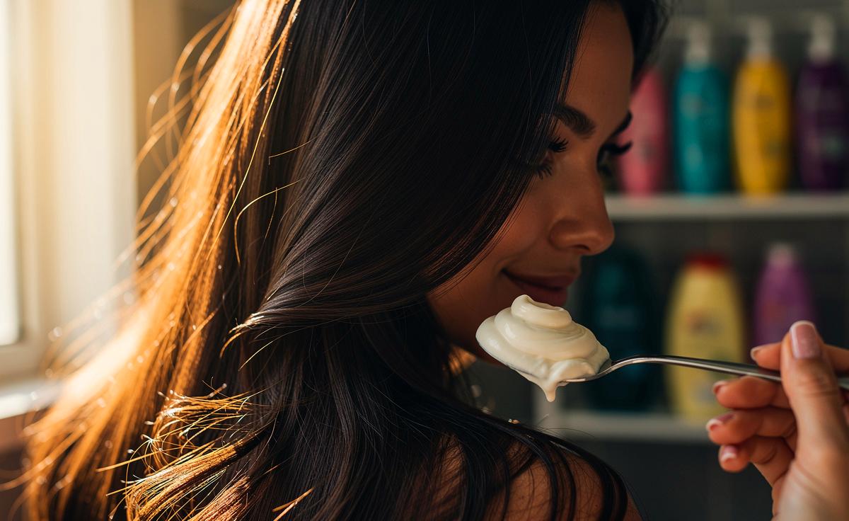 Illustration von einer Hand, die einen Löffel mit cremiger Mayonnaise über das glänzende, gesunde Haar einer Person hält, umgeben von typischen Haarpflegeprodukten, die zur Seite geschoben wurden.