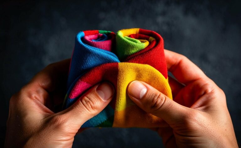 Illustration von zwei Händen, die ein Paar bunter Socken zu einem festen, taco-förmigen Bündel falten und rollen.