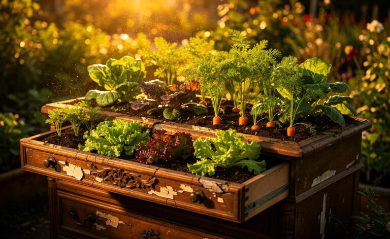 Illustration von einem üppigen Gemüsegarten, unter dessen Erdreich die Umrisse einer alten Kommode als verborgene Beetstruktur zu erkennen sind.