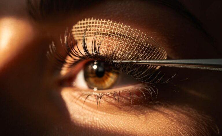 Illustration von einer Hand, die einen Teefilter neben einem geöffneten Wimpernkleber hält, während eine zweite Hand mit einem Applikator die feinen Fasern auf die Wimpern einer Frau aufträgt.