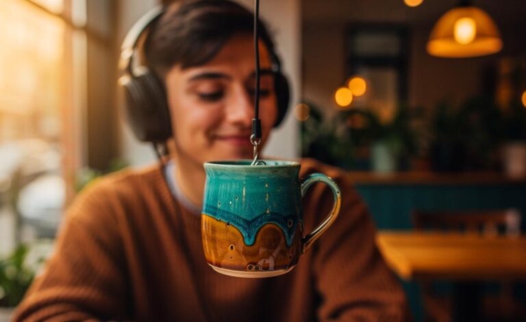 Illustration von einer jungen Person mit Kopfhörern, an deren Kabel eine kleine, bunte Keramiktasse hängt, vor dem Hintergrund eines urbanen Cafés.
