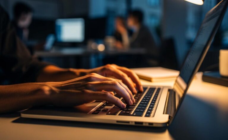 Illustration von einer Person, die leise auf einer flachen, modernen Tastatur tippt, umgeben von Symbolen für Stille und Konzentration in einem offenen Büro.