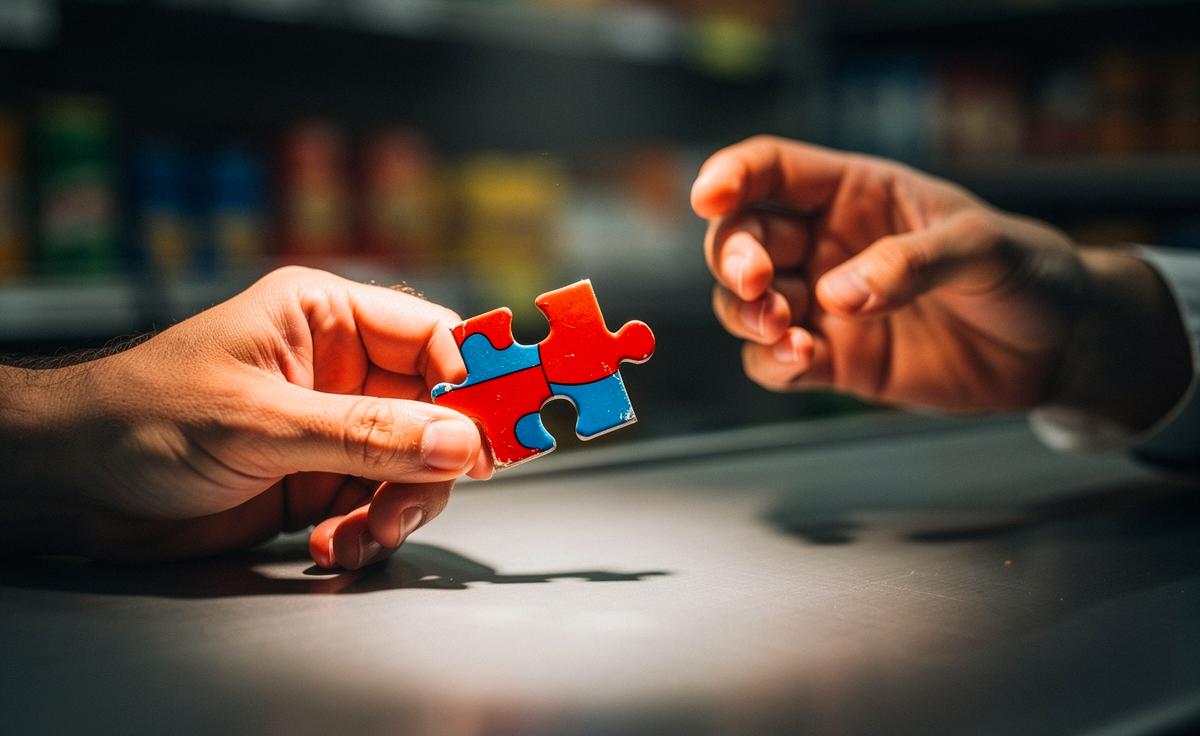 Illustration von einer Hand, die an einer Supermarktkasse bunte Puzzleteile statt Geld als Zahlungsmittel hinreicht.