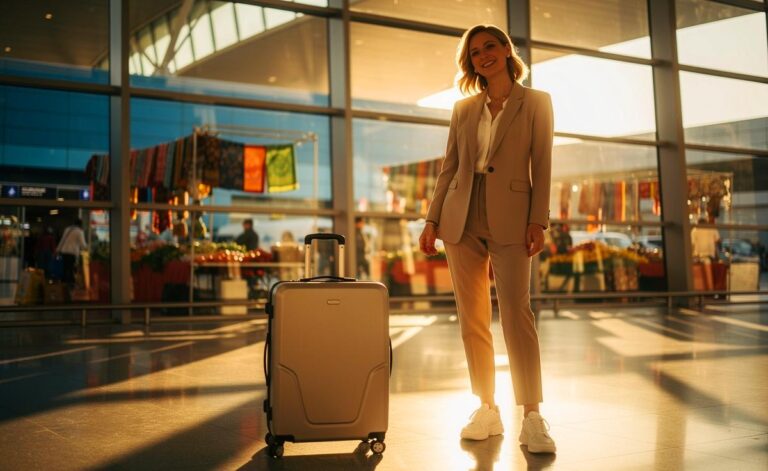 Illustration von einer Reisenden, die mit einem leeren, geöffneten Koffer an einem Flughafen steht, umgeben von Symbolen für lokale Märkte, Geldscheinen und einem leichten Gefühl der Befreiung.