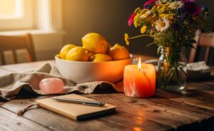 Illustration von einem stilvoll gedeckten Esstisch mit einer arrangierten Auswahl an Gegenständen wie einer Kerze, einem Rosenquarz, einer Schale mit Zitronen, einem Notizbuch und einem Blumenstrauß, die zusammen einen modernen Glückstisch symbolisieren.