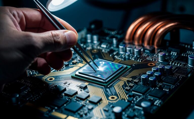 Illustration von einer Hand, die mit einer Pinzette eine hauchdünne Metallfolie über den Die einer Grafikkarte positioniert, umgeben von Werkzeugen und geöffneter Hardware.
