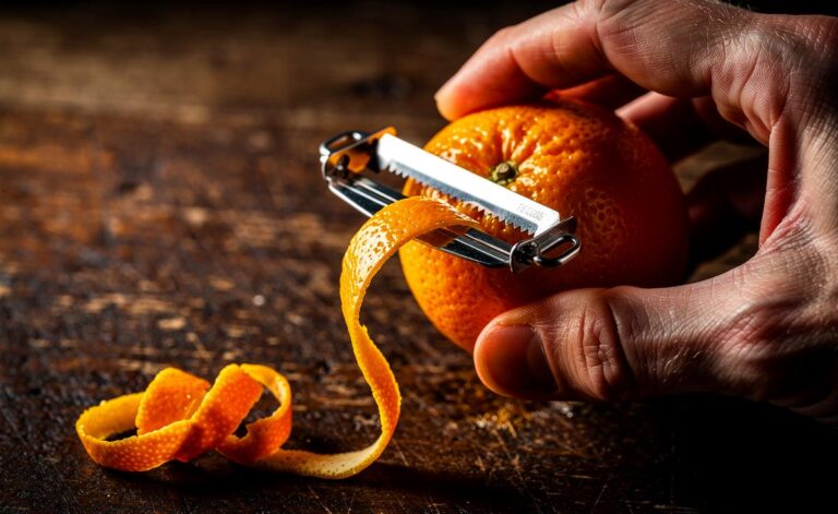 Illustration von einer Hand, die mit einem Kartoffelschäler präzise die Schale einer Orange abträgt, während daneben eine geschälte Orange und Orangenzesten liegen.