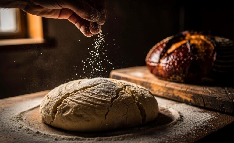 Illustration von einer geheimnisvollen Hand, die eine Prise Zucker über einen traditionellen Brotteig streut, während im Hintergrund ein goldbraunes, knuspriges Brot im Ofen backt.